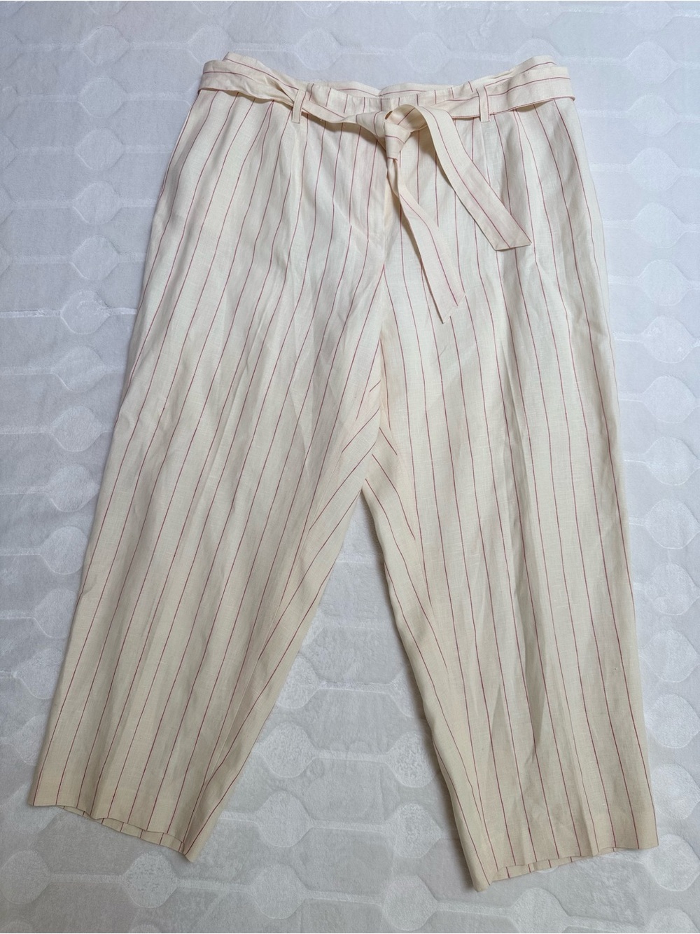 Talbots 20W Petite Linen Striped High Rise Crop Pants NWT Ivory Pink Tie Belt